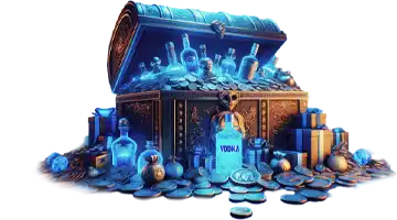 A treasure chest filled with coins and bottles of Vodka Casino, symbolizing the main tournament at Vodka Internet Casino.