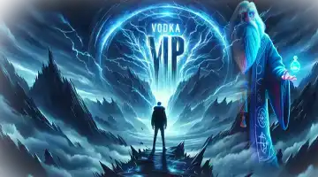 A magical VIP portal with a wizard, symbolizing the VIP transactions at Vodka Gambling Platform.