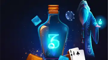 A glowing blue bottle and a wizard, representing the addition of new games at Vodka Casino.