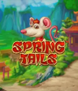 A charming illustration of a mouse dressed in traditional Chinese attire standing in a vibrant landscape with mountains. The image represents the Spring Tails game by Betsoft, showcased with striking red and gold logo lettering.